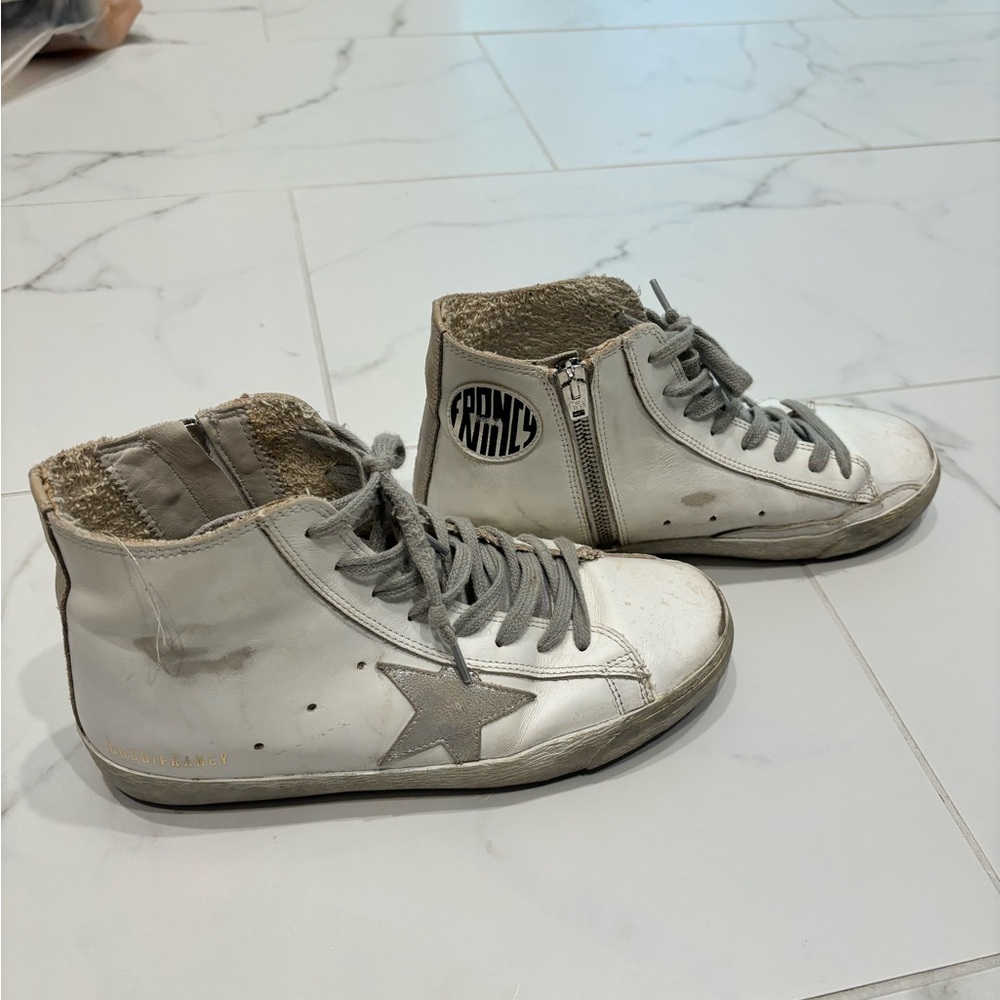Golden Goose White and Gray High-Top Sneakers with Star